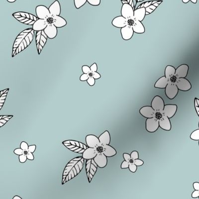 Tiny flowers and petals sweet hibiscus blossom tropical vintage style garden neutral nursery baby blue