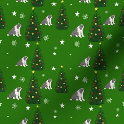 Dog with Christmas Tree and Stars on  Green