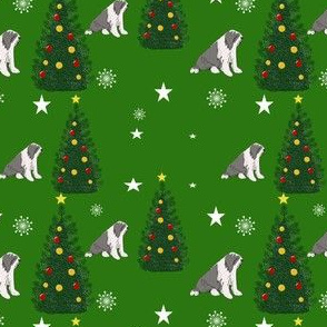 Dog with Christmas Tree and Stars on  Green
