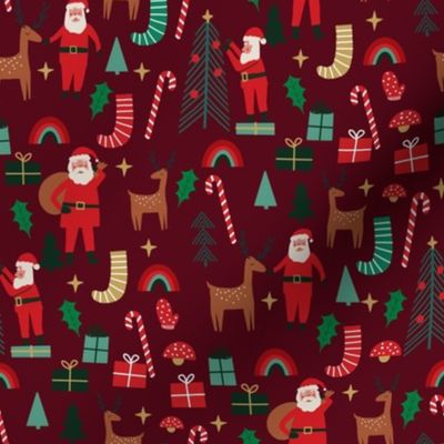 cute christmas fabric - holiday santa design - burgundy