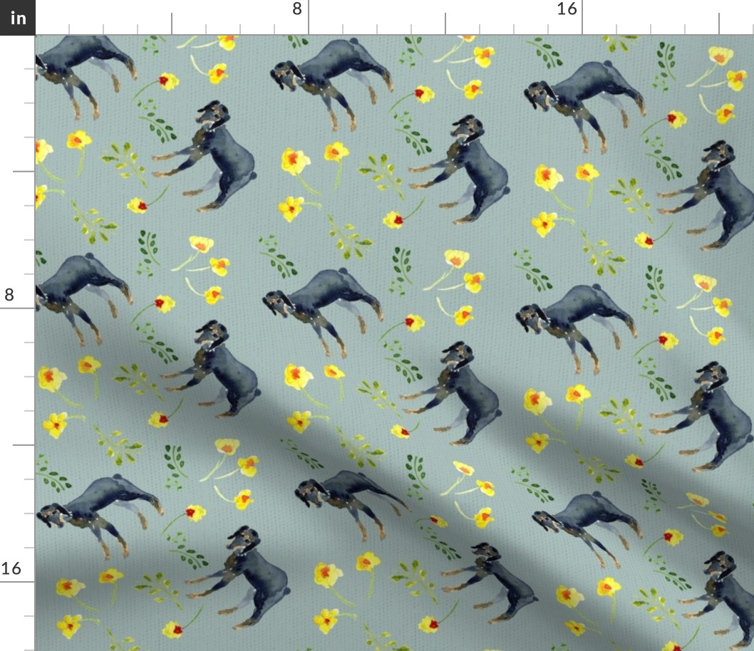 Doberman Print with Flowers Green Grey