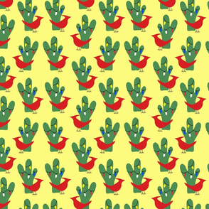 Christmas Red Bird & Cactus  Pattern  - Yellow
