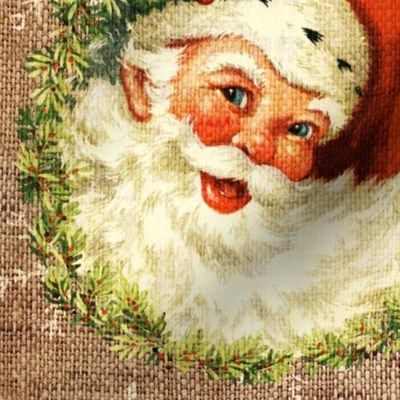 Vintage Santa with Wreath and snowflakes on Burlap- extra large scale