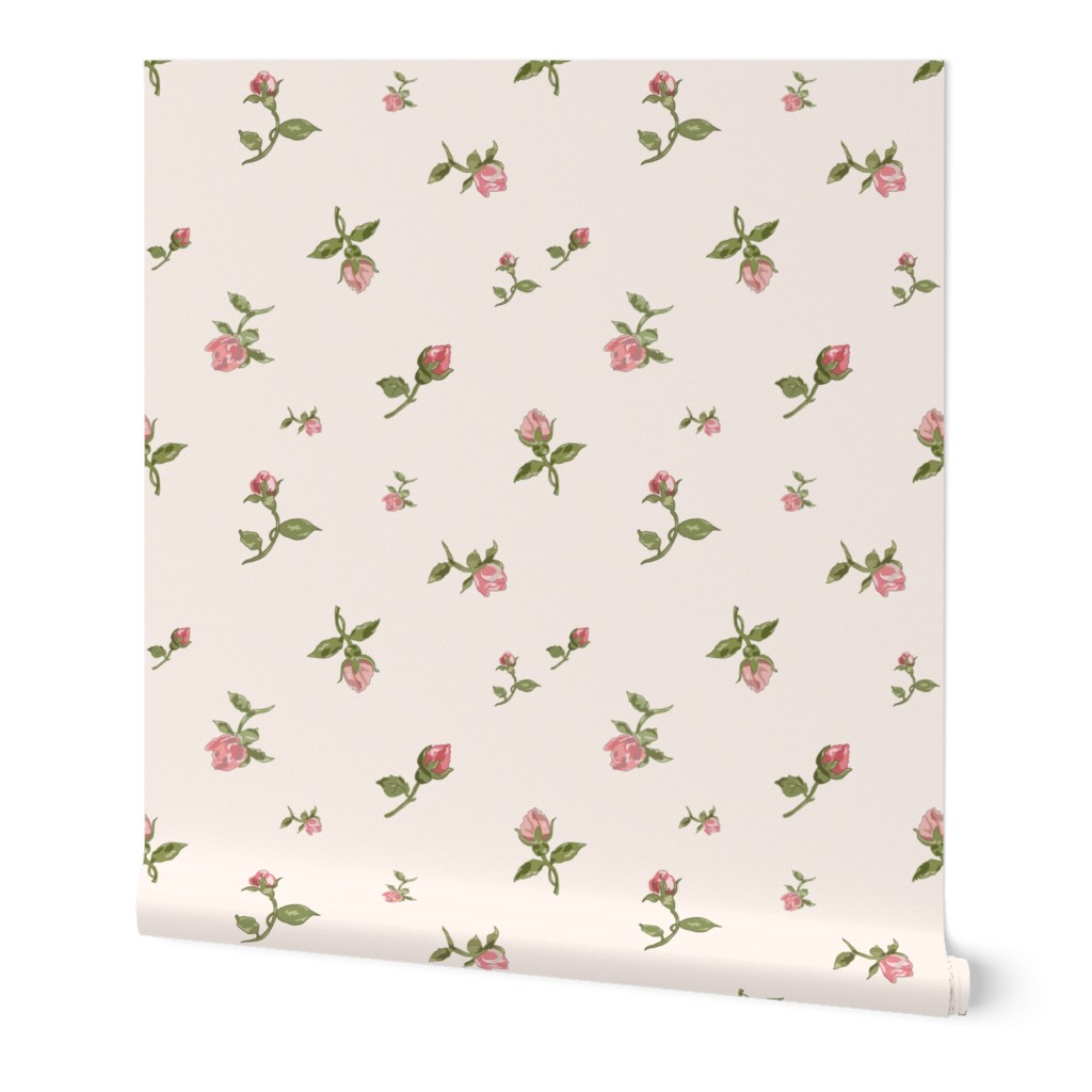 Scattered Vintage Rosebuds - blush cream, large 