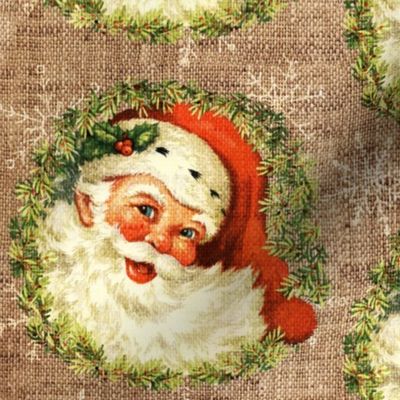 Vintage Santa with Wreath and snowflakes on Burlap-large scale