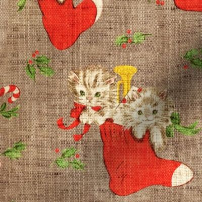 Vintage Christmas Puppies and Kittens in stockings -medium scale
