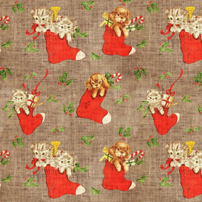 Vintage Christmas Puppies and Kittens in stockings -medium scale