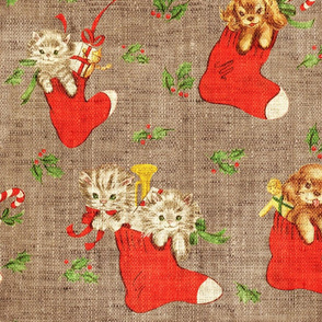 Vintage Christmas Puppies and Kittens in stockings -large scale