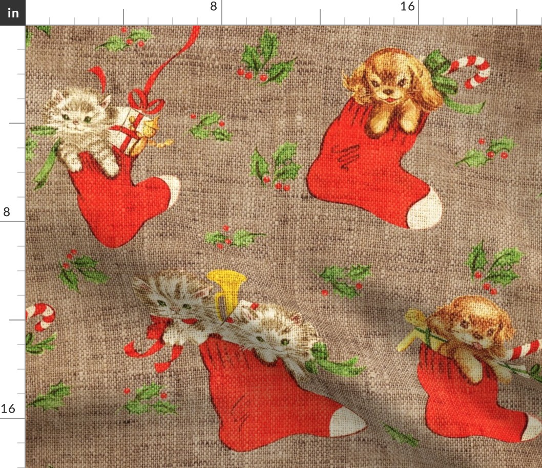 Vintage Christmas Puppies and Kittens in stockings -large scale