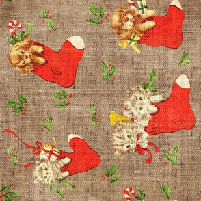 Vintage Christmas Puppies and Kittens in stockings rotated -large scale