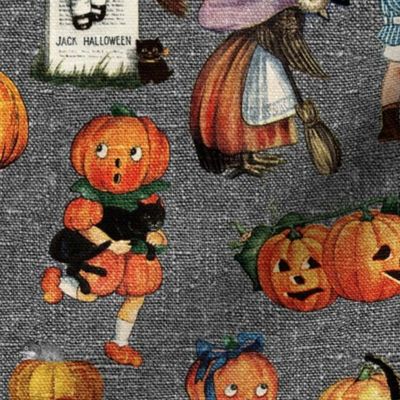 Vintage Halloween on Grey linen - medium scale