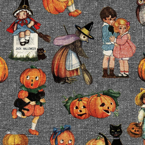 Vintage Halloween on Grey linen - large scale