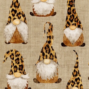 Leopard Print Gnomes on Camel Burlap - large scale