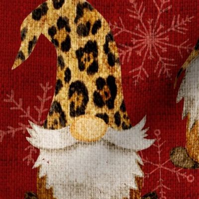 Leopard Print Gnomes and snowflakes on Red Wine Burlap - large scale