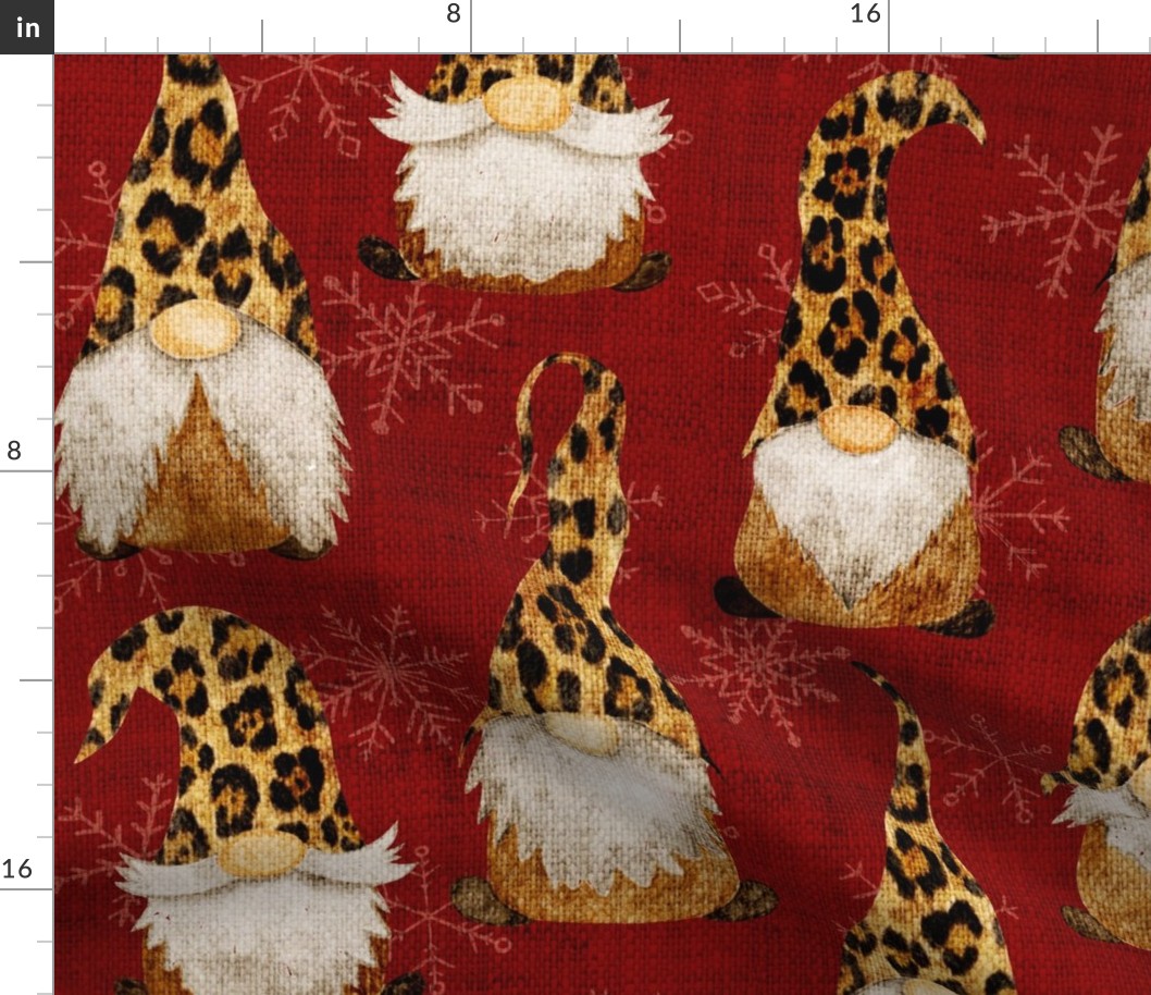 Leopard Print Gnomes and snowflakes on Red Wine Burlap - large scale
