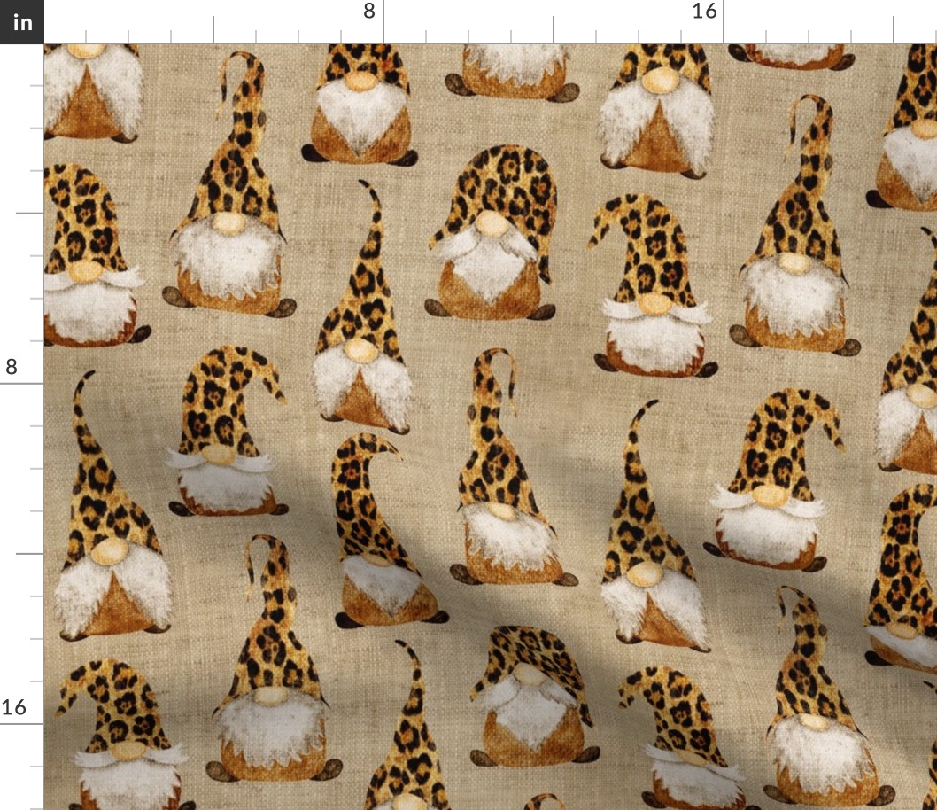Leopard Print Gnomes on Camel Burlap - medium scale