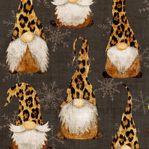 Leopard Print Gnomes and snowflakes on Light Chocolate Burlap  - large scale