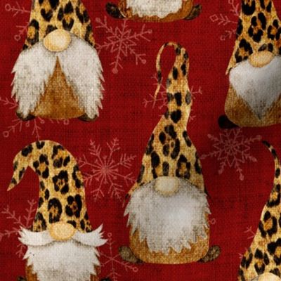 Leopard Print Gnomes and snowflakes on Red Wine Burlap - medium scale