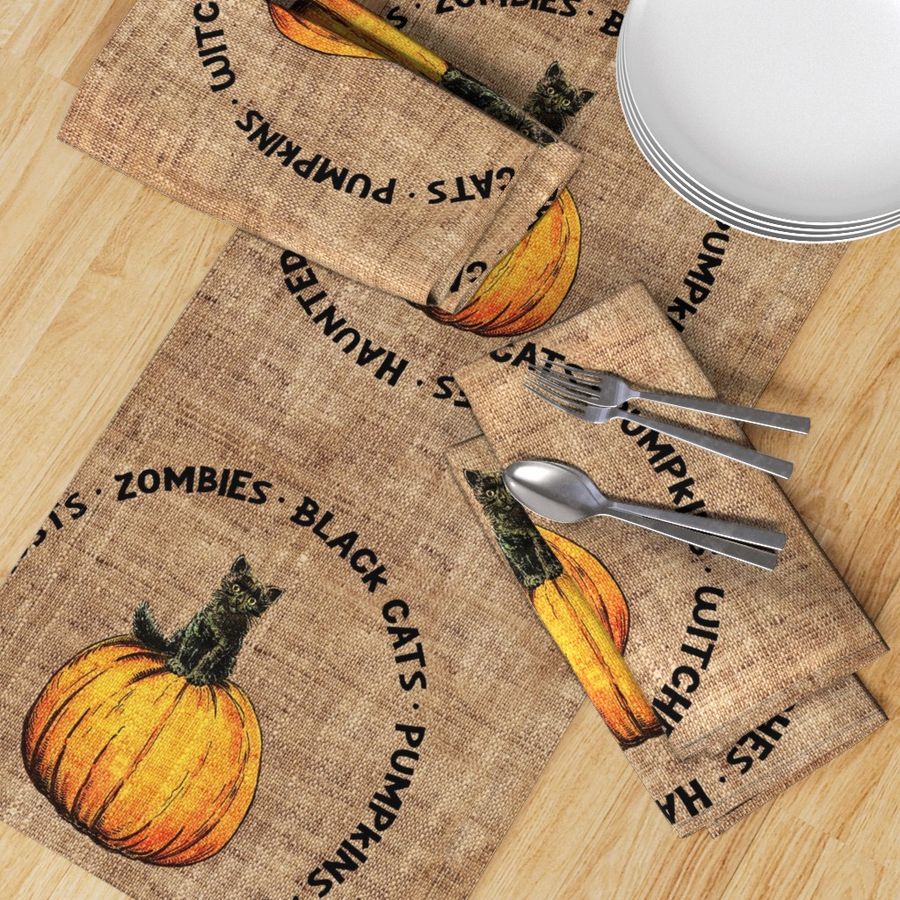 Halloween Black Catand Pumpkin Typography - 18 inch square