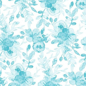 Soft Cyan Watercolor Floral on White 
