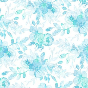 Soft Simple Watercolor Floral - Pastel Cyan and Turquoise on White 