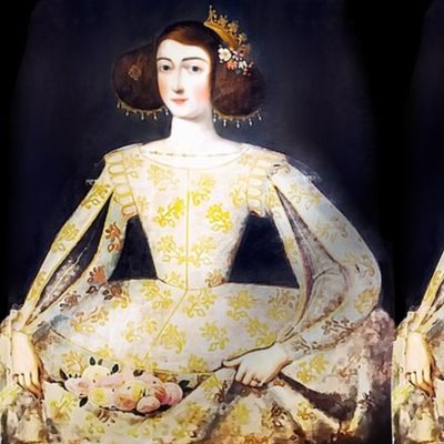 Middle ages Renaissance inspired 14th century 17th century princess queen gold gown dress crowns tiaras roses flowers white yellow black twin double hair buns historical embroidery royal portraits beautiful woman lady adorable vintage