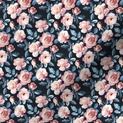 Old Fashioned Moody Roses in Salmon and Blue Grey - micro print