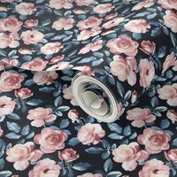 Old Fashioned Moody Roses in Salmon and Blue Grey - micro print