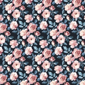 Old Fashioned Moody Roses in Salmon and Blue Grey - micro print