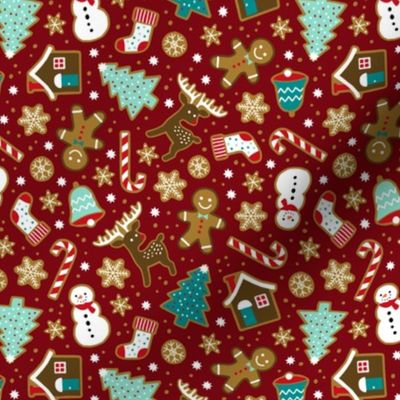 Christmas gingerbread cookies on dark red (small)