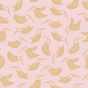 Hummingbird Block Print, Gold on Pink - Medium