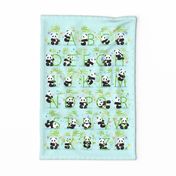 Tea towel. Alphabet and panda. Turquoise background