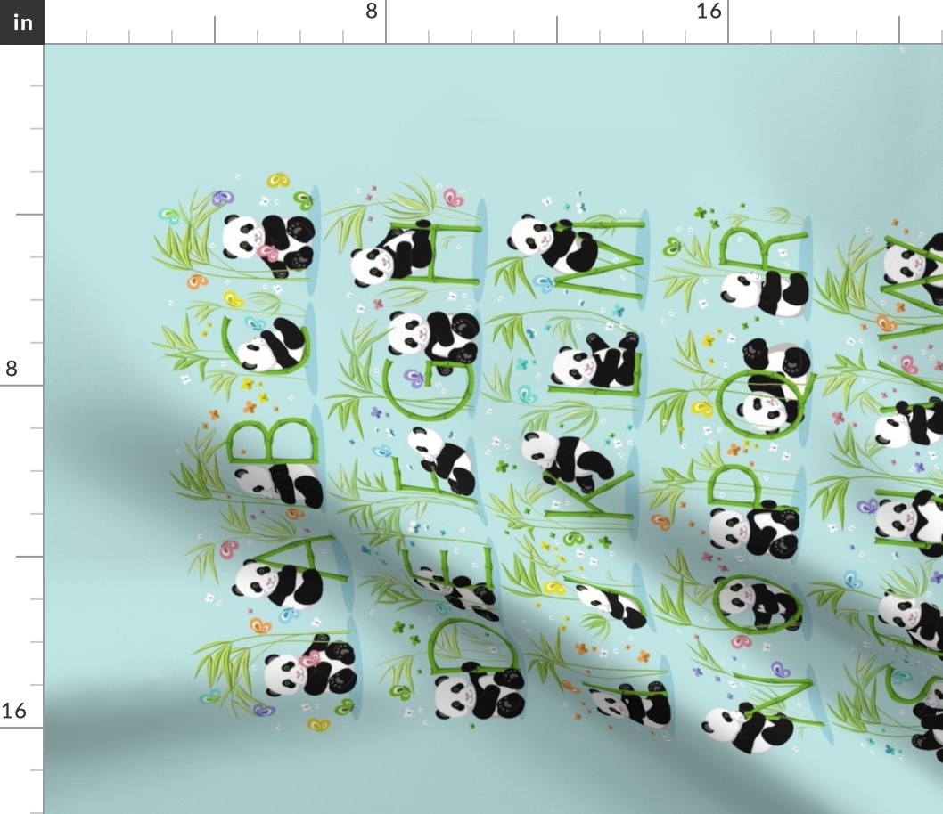 Tea towel. Alphabet and panda. Turquoise background