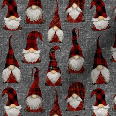 Red Buffalo Plaid Gnomes on Grey linen - small scale