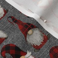 Red Buffalo Plaid Gnomes on Grey linen - small scale