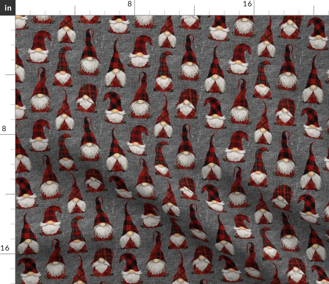 Red Buffalo Plaid Gnomes on Grey linen - small scale