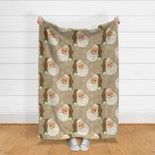 Vintage Retro Santa with Leopard hat on Camel linen- large scale