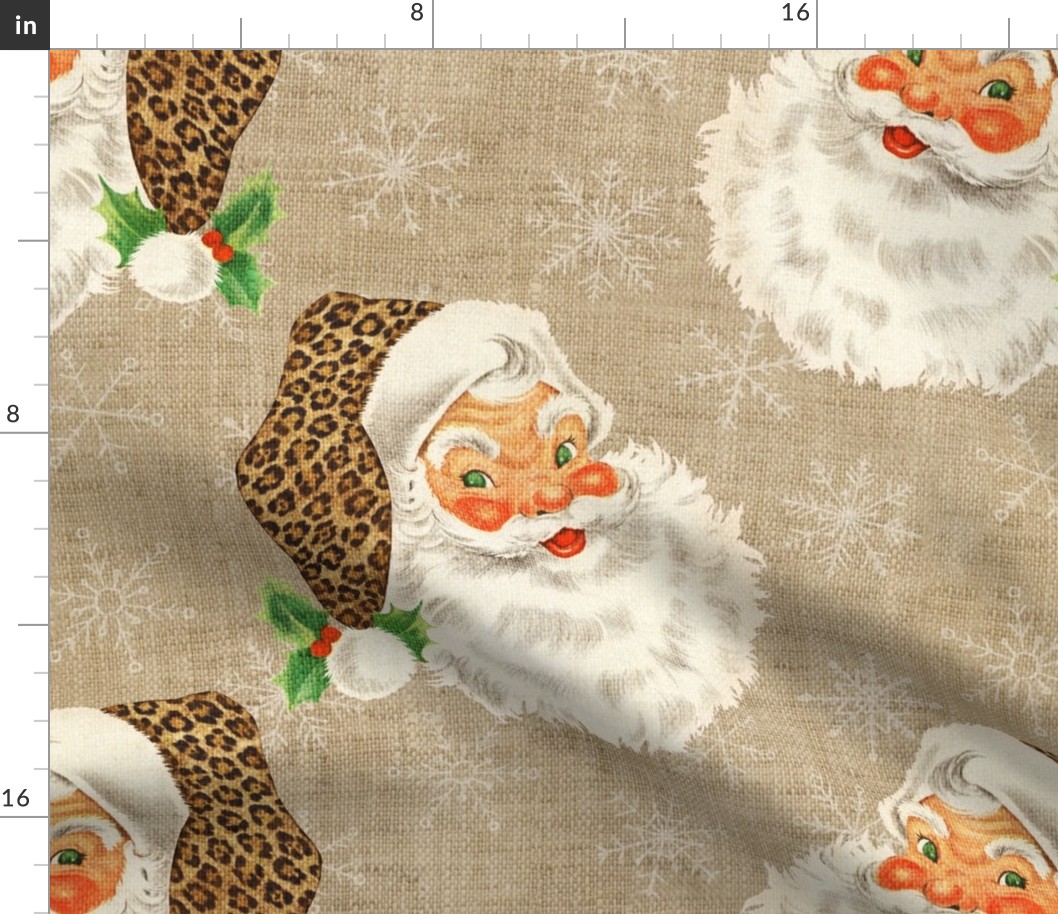 Vintage Retro Santa with Leopard hat on Camel linen- large scale