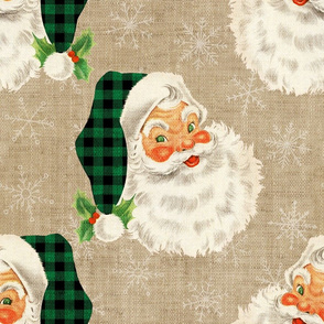 Vintage Retro Santa with Green Plaid hat on Camel linen- large scale