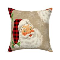 Vintage Retro Santa with Red Plaid hat on Camel linen- large scale