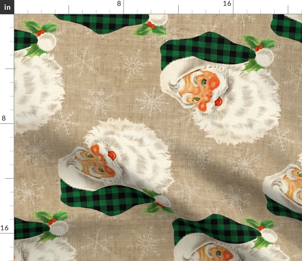  Vintage Retro Santa with Green Plaid hat on Camel linen rotated- large scale