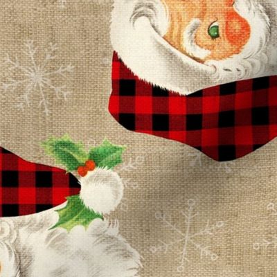 Vintage Retro Santa with Red Plaid hat on Camel linen rotated- large scale