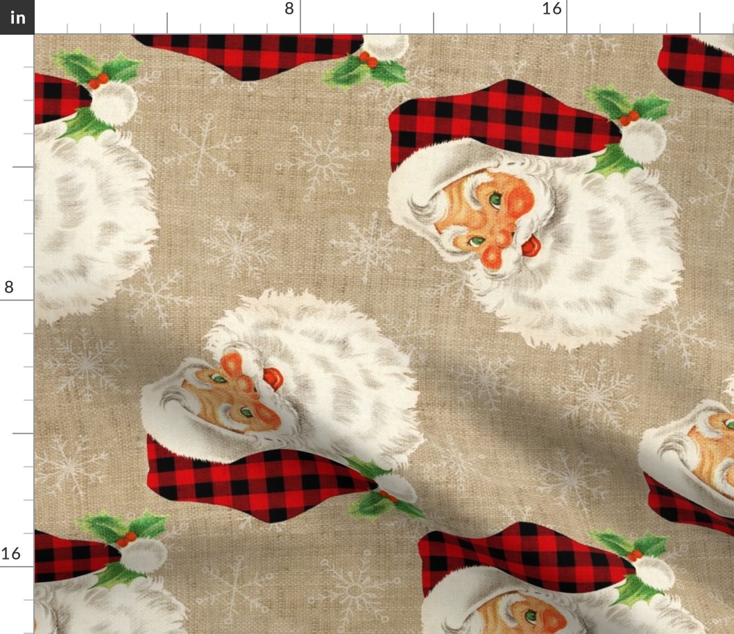 Vintage Retro Santa with Red Plaid hat on Camel linen rotated- large scale