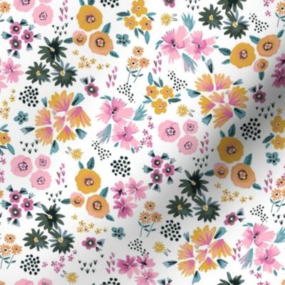 Ditsy Floral - Artistic floral watercolor - Pink Yellow white - Small ditsy floral
