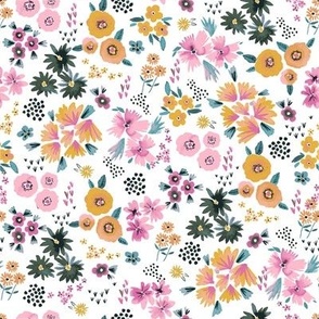 Ditsy Floral - Artistic floral watercolor - Pink Yellow white - Small ditsy floral