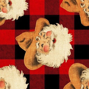 Cowboy Santa on Red Buffalo Plaid rotated- laRGE scale