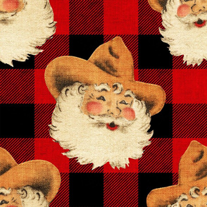 Cowboy Santa on Red Buffalo Plaid - large scale