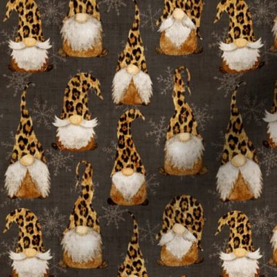 Leopard Gnomes on Chocolate Grey linen - small scale