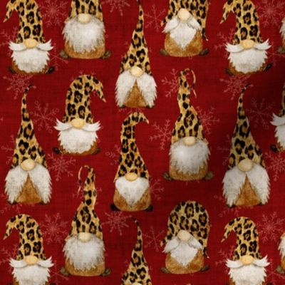 Leopard Gnomes on Dark Red linen - small scale