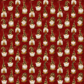 Leopard Gnomes on Dark Red linen - small scale